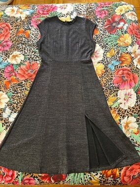 Black Metallic Fit-and-Flare Dress with Side Slit. Banana Republic. New.